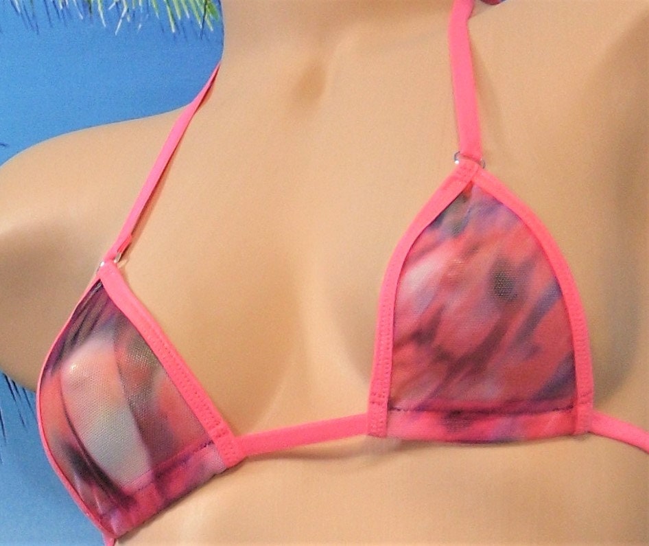 Mesh Micro Slingshot G-String Combo Bikini- Pink and Purple Tie Dye trimmed in Pink S/M - Image 2