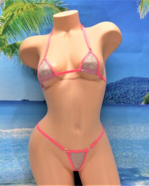 Mini Micro Bikini- G-String- Gray Athletic Mesh trimmed in Pink  S/M