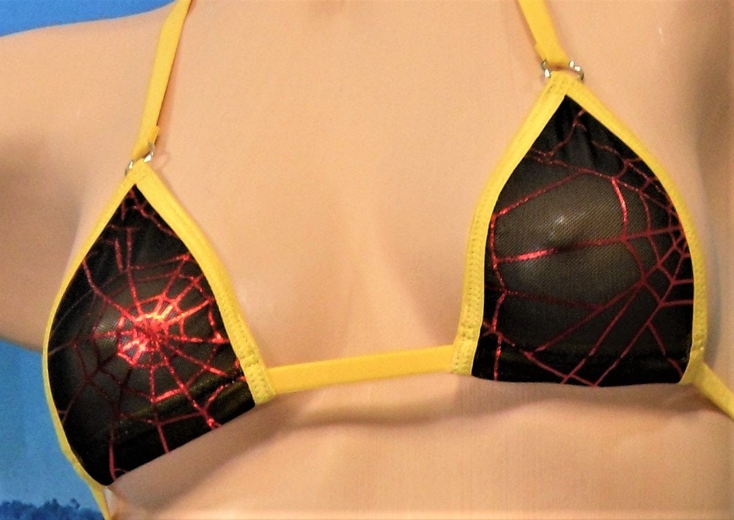 Micro G-string Slingshot Combo Bikini- Red Foil Spiderweb on Black MESH trimmed in Gold S/M - Image 3