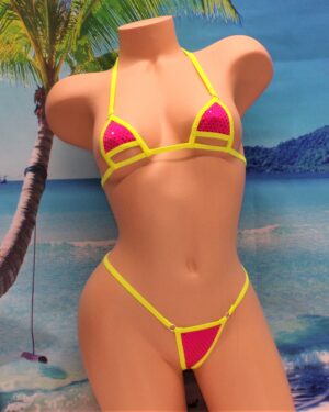 Mini Micro Peak a Boo Bikini with G-string- Fuchsia with Metallic Foil Dots trimmed in Neon Yellow S/M