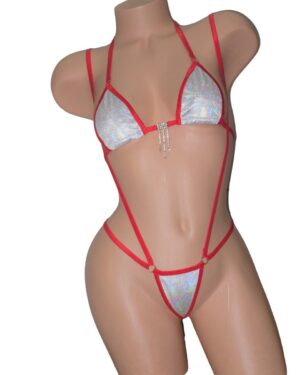Micro G-string Slingshot Combo Bikini- White Holographic Velvet trimmed in Red S/M