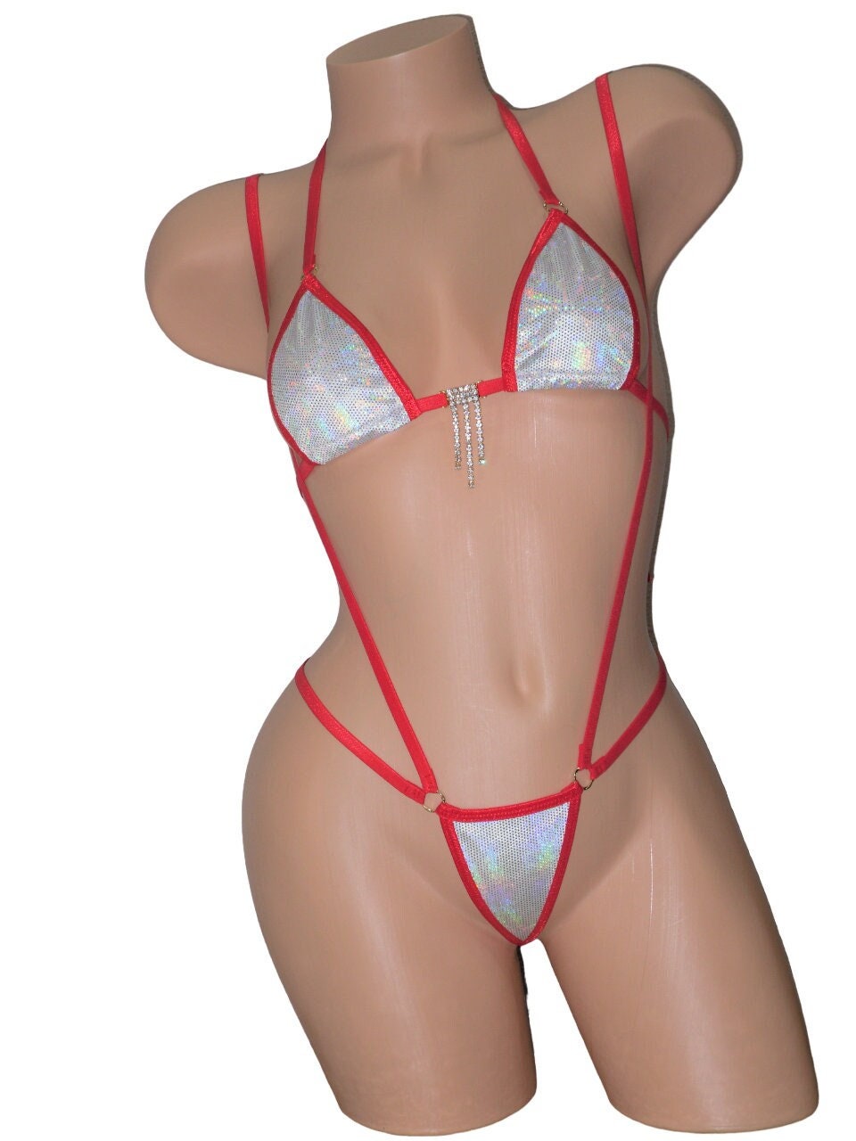 Micro G-string Slingshot Combo Bikini- White Holographic Velvet trimmed in Red S/M
