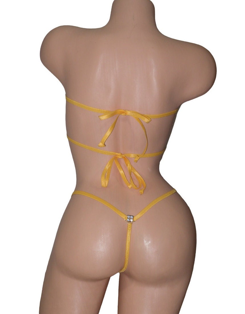 Mini Teardrop Bandeau G-String Bikini w/RHINESTONES! Fuchsia Shattered Glass Holographic trimmed in Gold S/M - Image 3