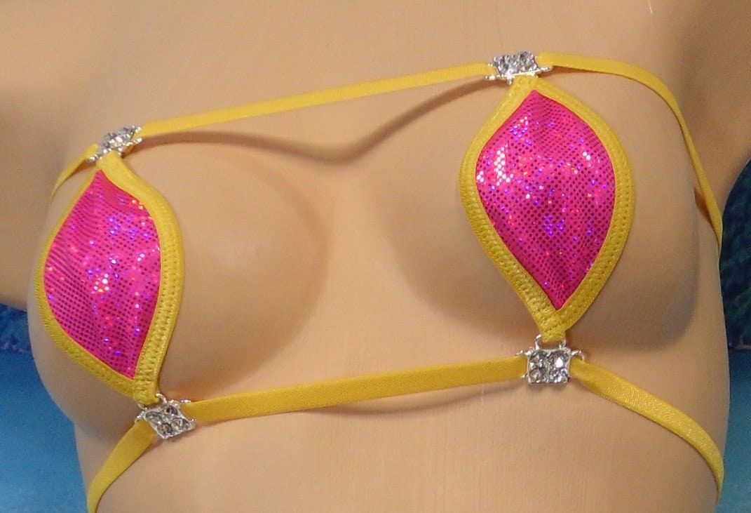 Mini Teardrop Bandeau G-String Bikini w/RHINESTONES! Fuchsia Shattered Glass Holographic trimmed in Gold S/M - Image 2
