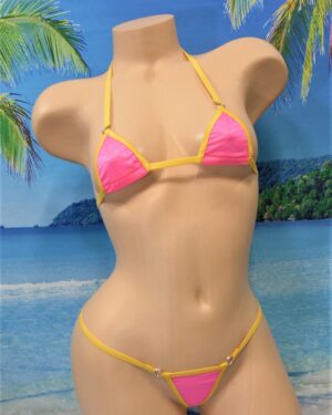 Mini Micro G-string Bikini- Pink Glissenet Mesh trimmed in Gold S/M