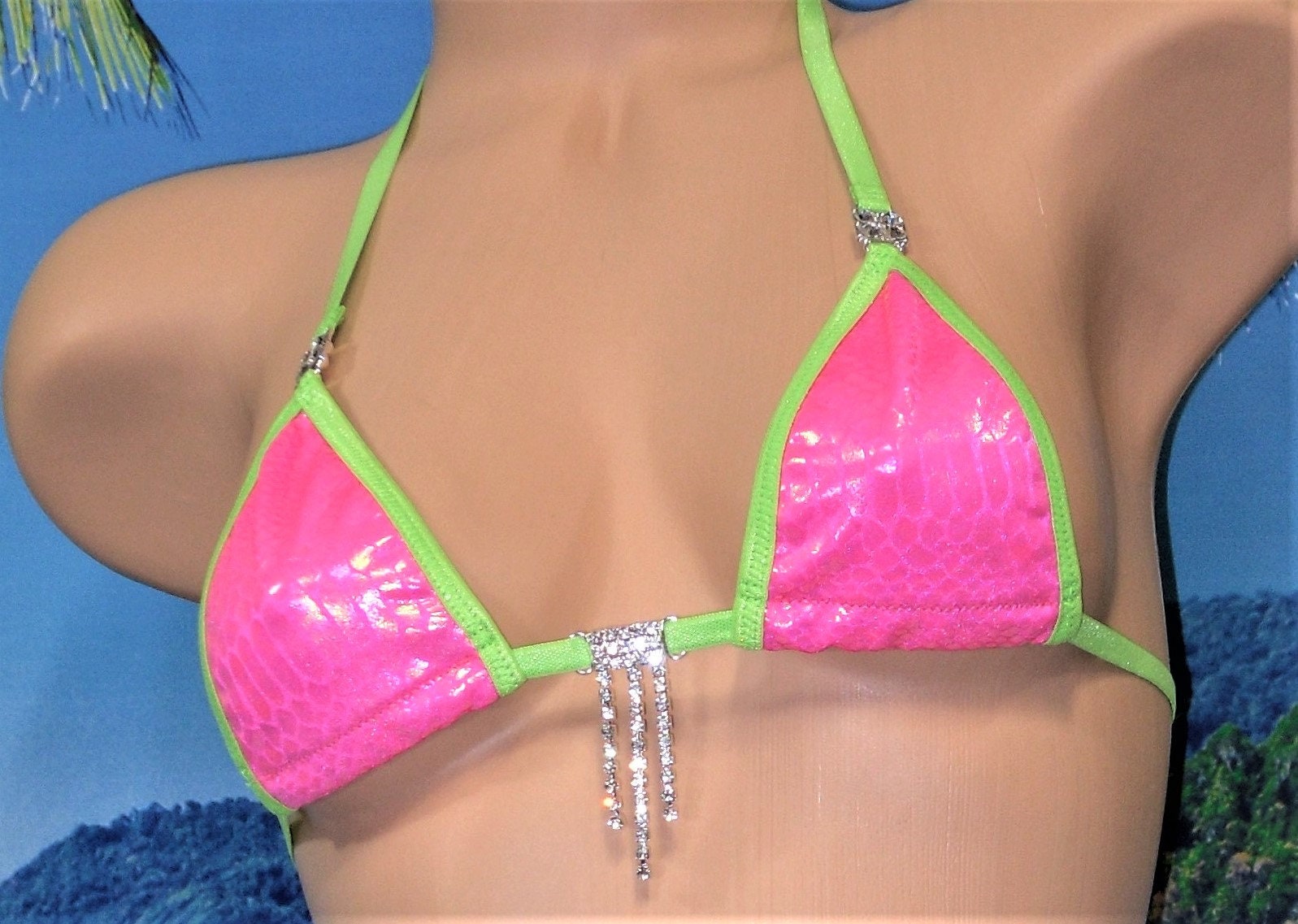 Micro Bikini w/RHINESTONES! G-Sting- Hot Pink Iridescent Snake Skin with Green Trim- s/m - Image 3