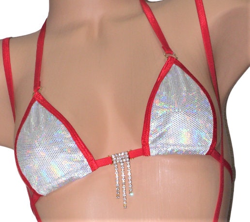Micro G-string Slingshot Combo Bikini- White Holographic Velvet trimmed in Red S/M - Image 2