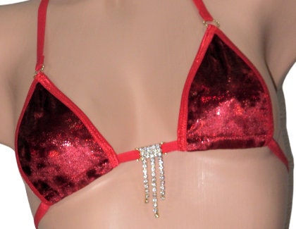 Micro G-String Bikini- Red Mystique Velvet with Red Trim and Rhinestones - Image 2