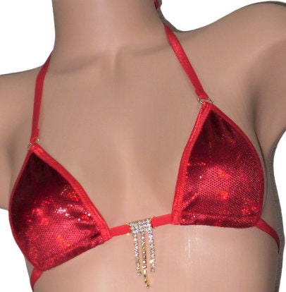 Micro G-String Bikini- Red Holographic Velvet with Red Trim and Rhinestones - Image 2