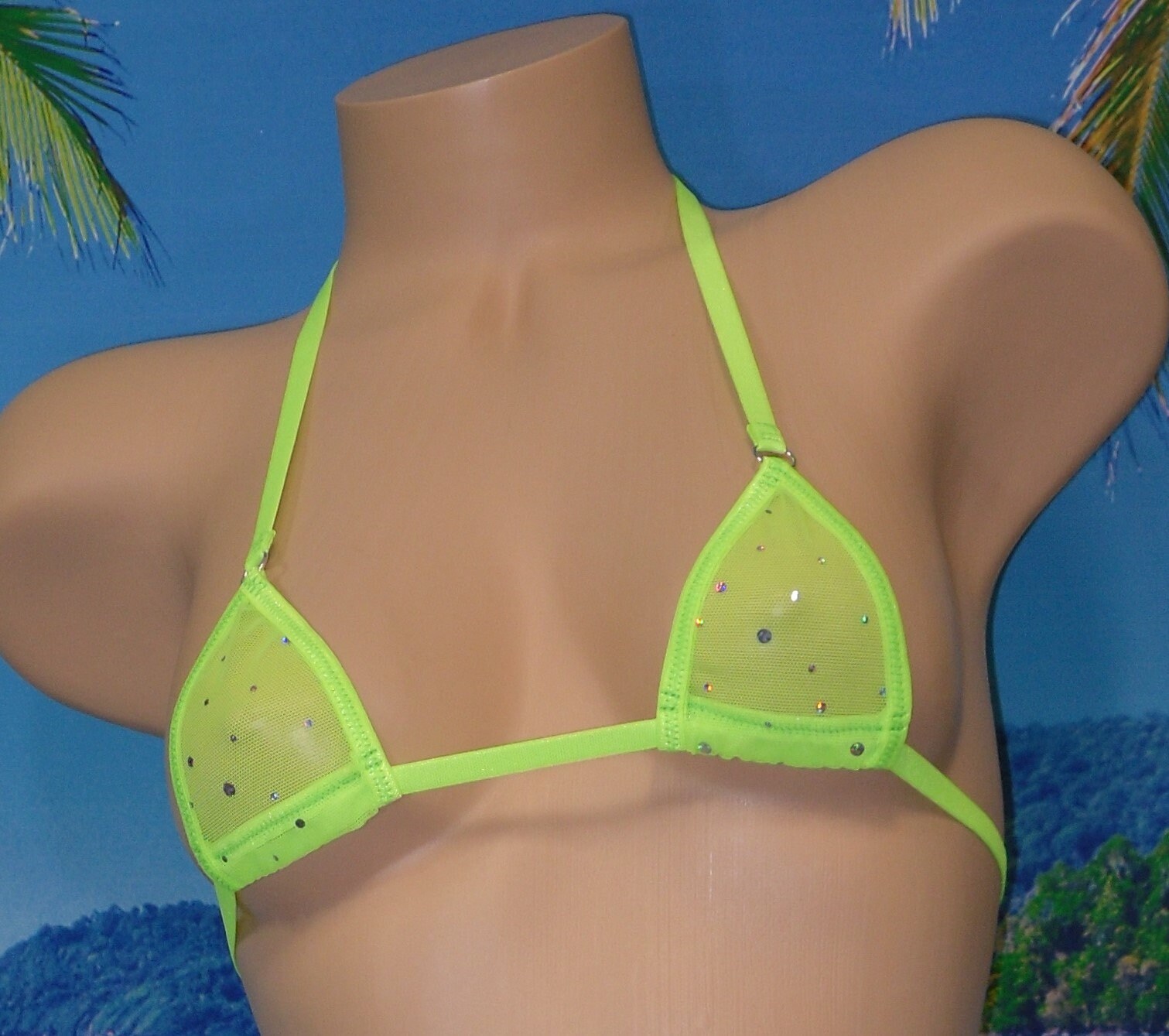 Neon Green Twinkle Mesh trimmed in Neon Green-Mini Micro G-String Bikini-S/M - Image 2