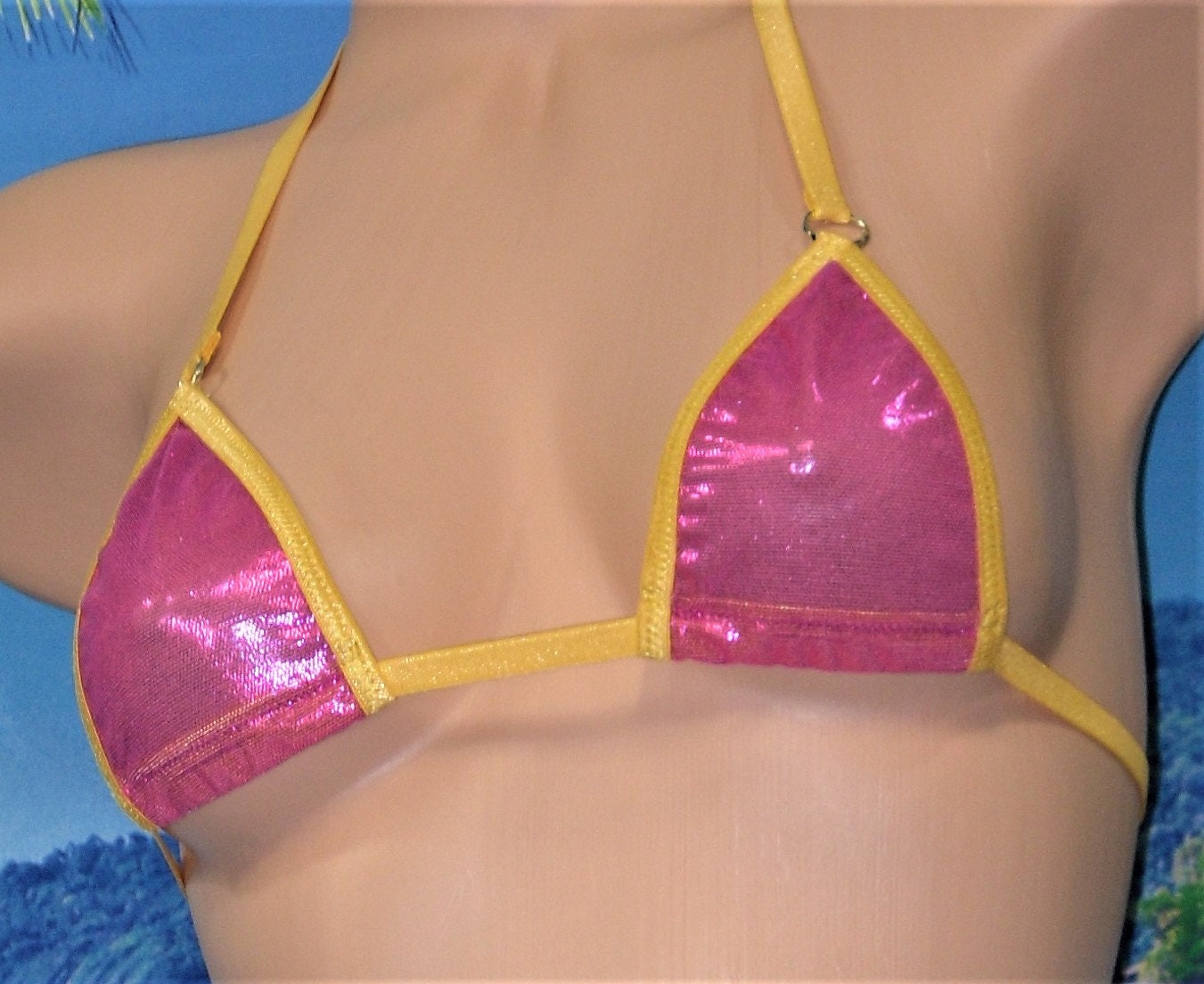 Micro G-string Bikini- Fuchsia Metallic Mesh trimmed in Gold S/M