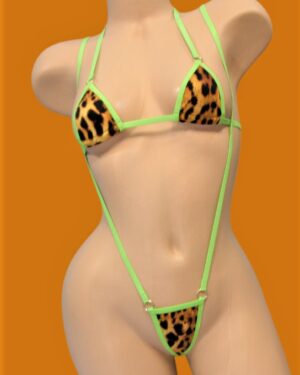 Mini Micro Slingshot Bikini- Cheetah-trimmed with Green- S/M