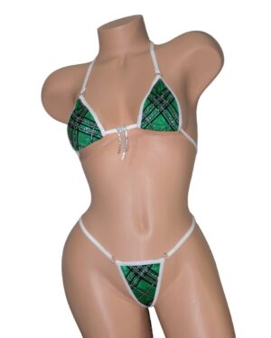 Micro Bikini w/G-String- Emerald Green Holographic Plaid w/Black Velvet Flocking & Silver Glitter w/Rhinestone- White Trim -S/M