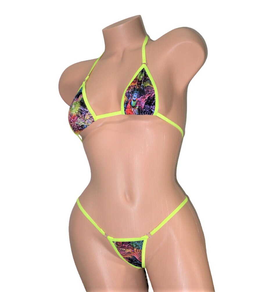Micro Bikini- G-String Bottom- Multi-Colored Sci-fi Coral Inspired Print trimmed in Neon Yellow S/M - Image 4