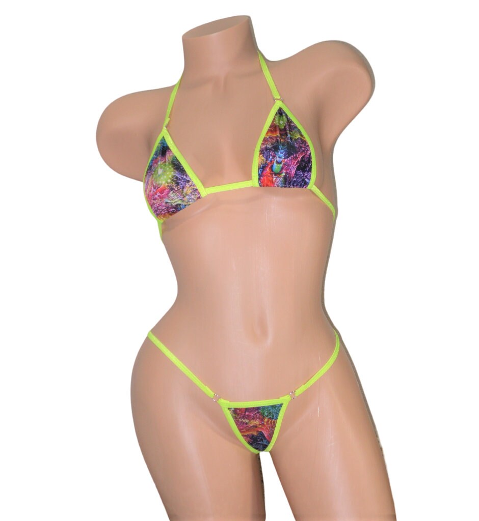 Micro Bikini- G-String Bottom- Multi-Colored Sci-fi Coral Inspired Print trimmed in Neon Yellow S/M - Image 3