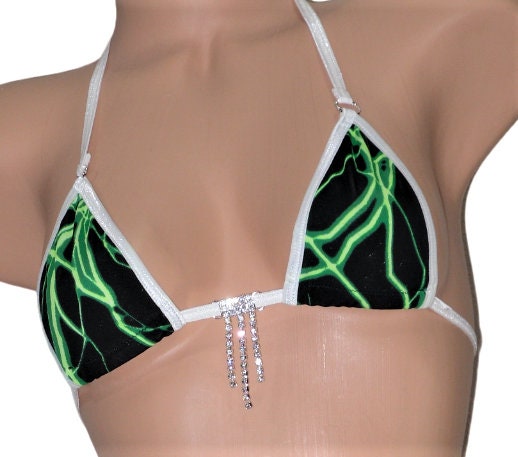 Micro G-String Bikini-Choice of Bottom-Green Lightning with White Trim and a Rhinestone - Image 4
