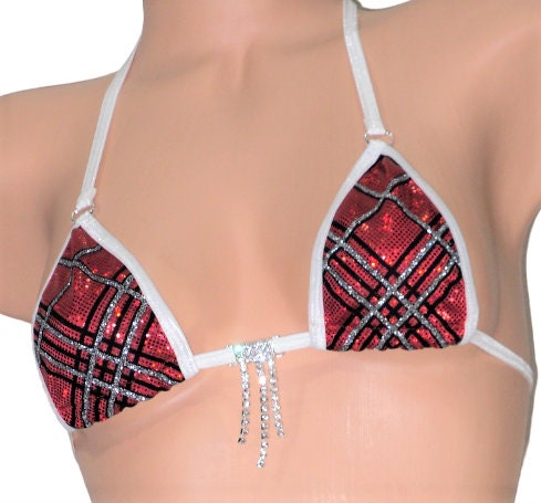 Micro G-String Bikini-Red Holographic Plaid w/Black Velvet Flocking and Silver Glitter w/Rhinestone-Trimmed in White S/M - Image 2