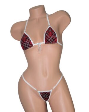Micro G-String Bikini-Red Holographic Plaid w/Black Velvet Flocking and Silver Glitter w/Rhinestone-Trimmed in White S/M