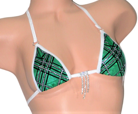 Micro Bikini w/G-String- Emerald Green Holographic Plaid w/Black Velvet Flocking & Silver Glitter w/Rhinestone- White Trim -S/M - Image 2