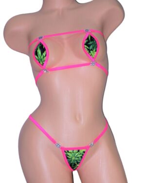Mini Teardrop Bandeau G-String Bikini w/RHINESTONES! Pot Leaf with Neon Pink trim S/M