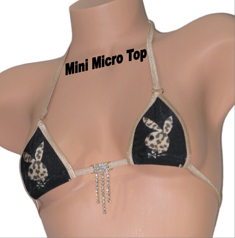 Mini Micro Slingshot G-String Combo-Animal Print Bunny on Black with Tan Trim and a Rhinestone - Image 2