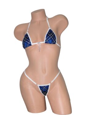 Micro G-String Bikini- Blue Holographic Plaid with Black Velvet Flocking and Glitter- White Trim- S/M