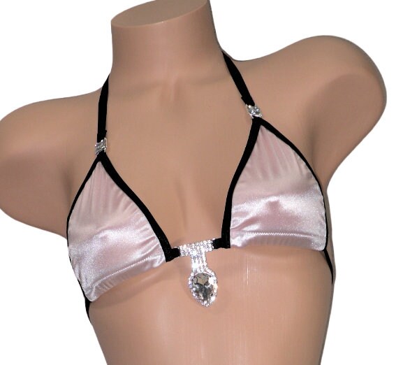 Princess G-String Bikini w/Rhinestones!- Baby Pink Satin-Trimmed in Black-S/M - Image 3