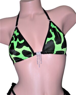 Princess Bikini w/ Extended Triangle Back Thong- Green and Black Cow Print-Black Trim-Rhinestone-S/M