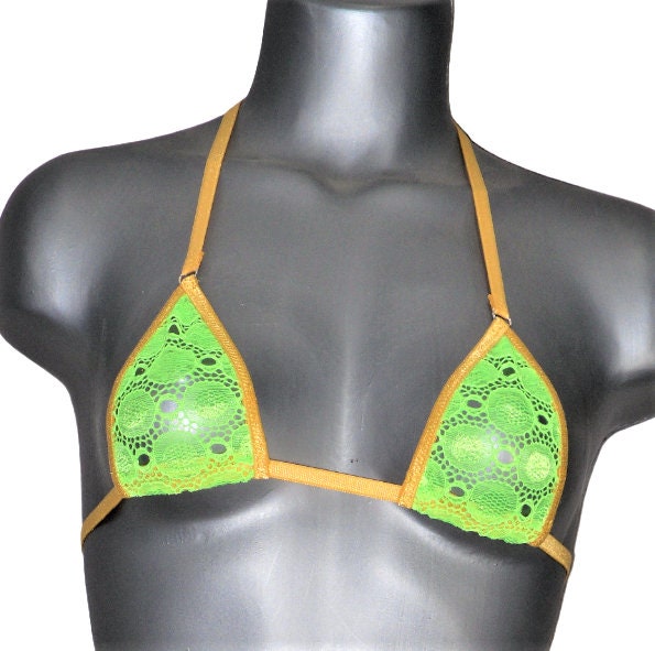 Micro G-string Bikini- Green Lace with Gold Trim -S/M - Image 2