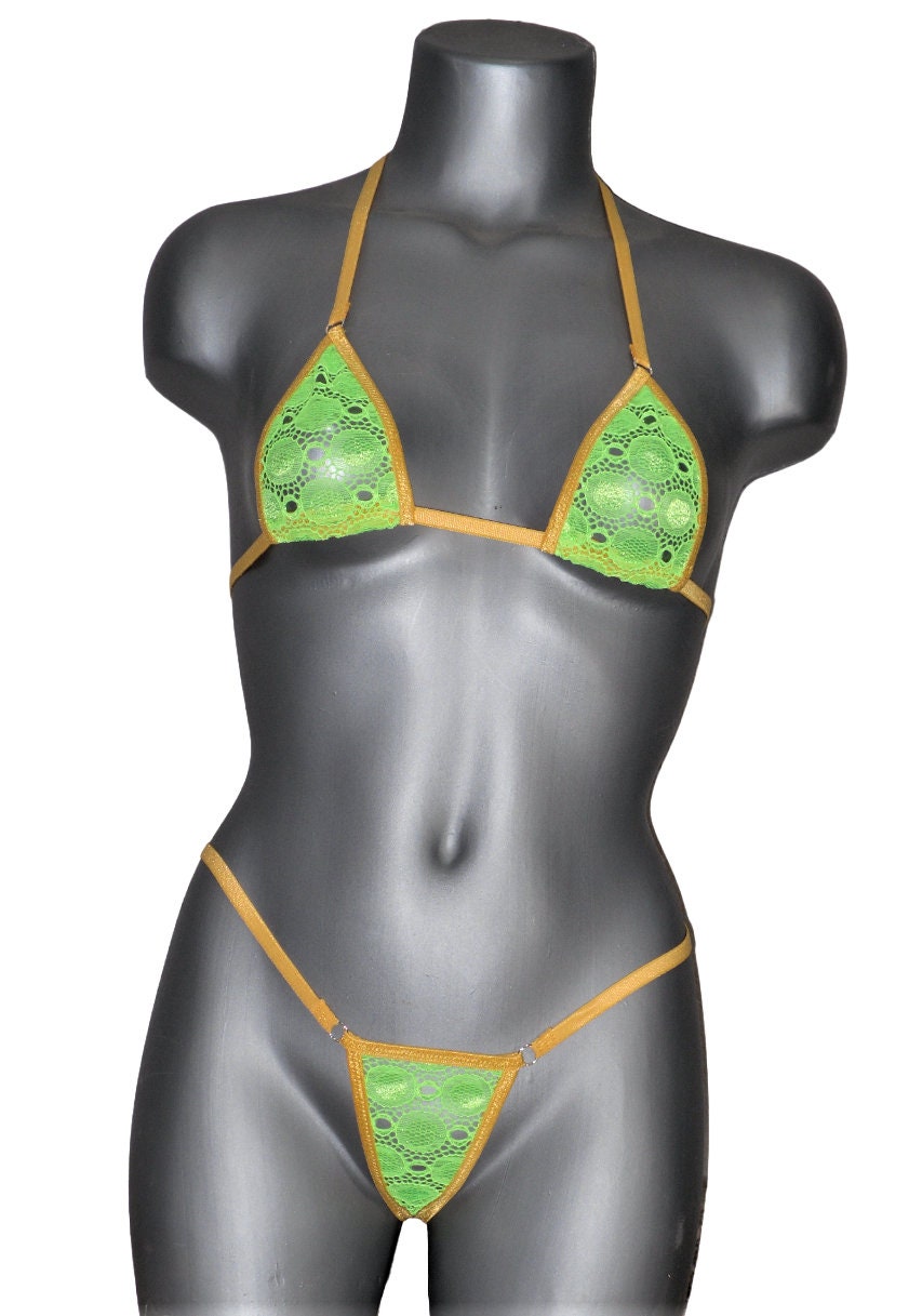 Micro G-string Bikini- Green Lace with Gold Trim -S/M