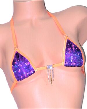 Mini Micro Y-Back Thong Bikini- Purple Shattered Glass Holographic with Orange Trim and Rhinestones- S/M