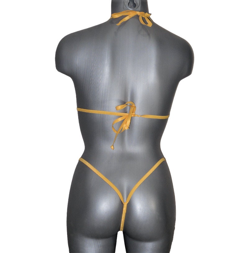 Micro G-string Bikini- Green Lace with Gold Trim -S/M - Image 3