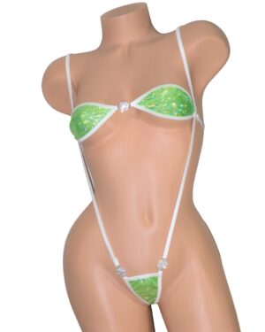 Bandeau Bikini w/Slingshot and RHINESTONES!  Green Shattered Glass Holographic with White trim S/M