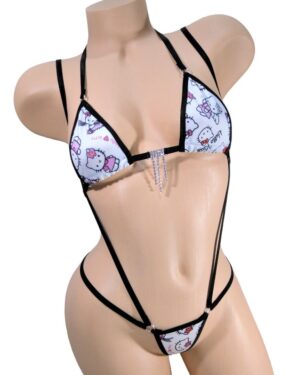 Micro Slingshot G-String Combo Bikini- Cats on White Background-Black Trim-Rhinestone S/M