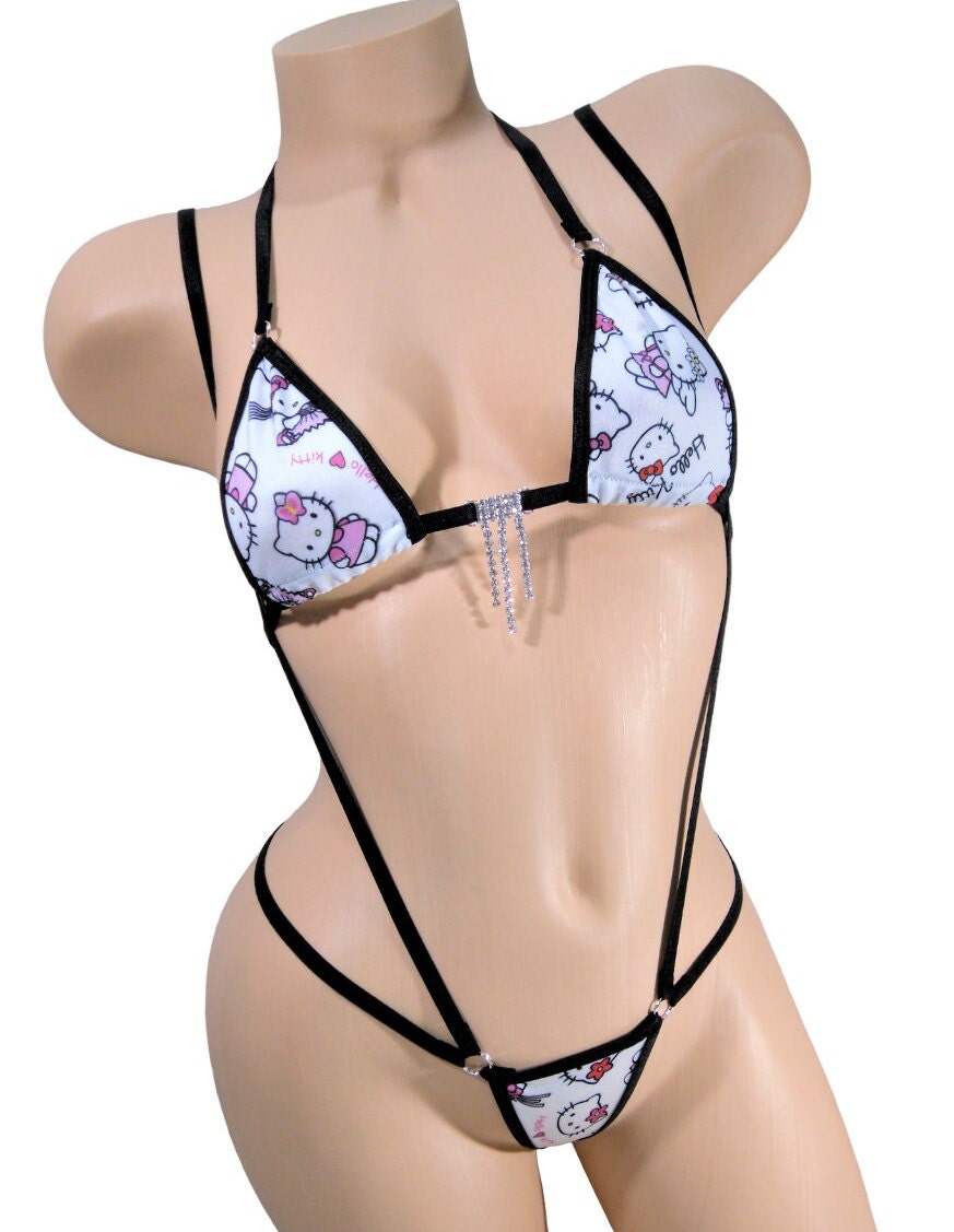 Micro Slingshot G-String Combo Bikini- Cats on White Background-Black Trim-Rhinestone S/M