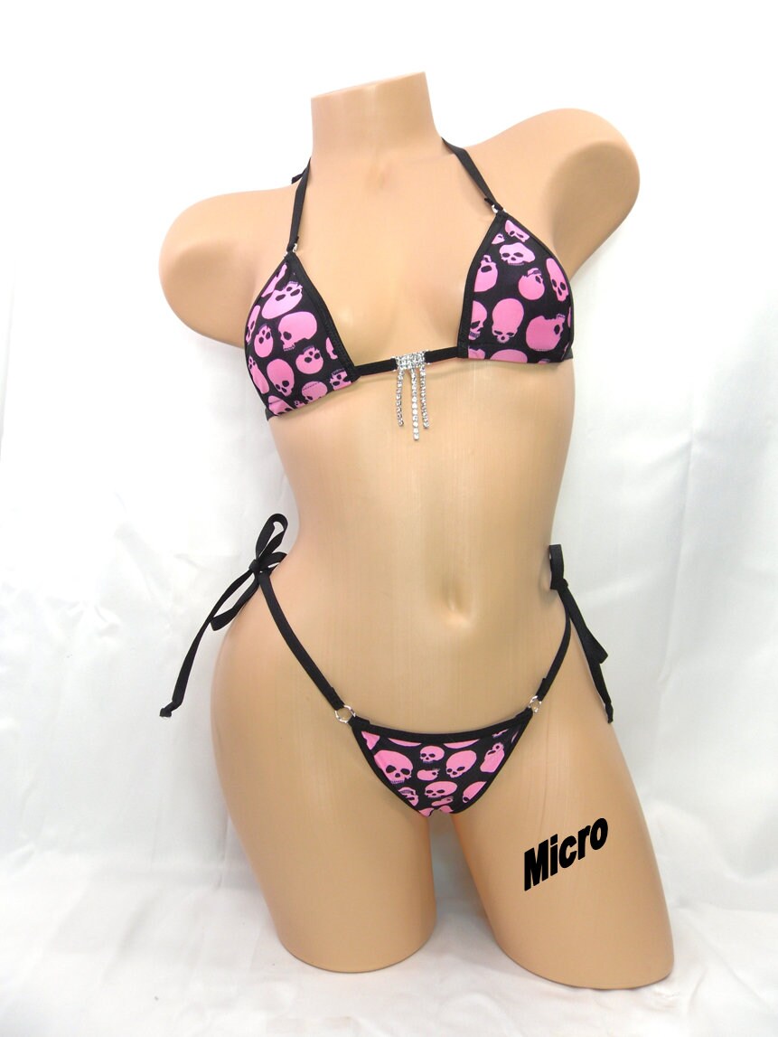 Pink Skulls on Black-Black Trim-Micro Top w/Extended Triangle Back Thong-S/M - Image 2