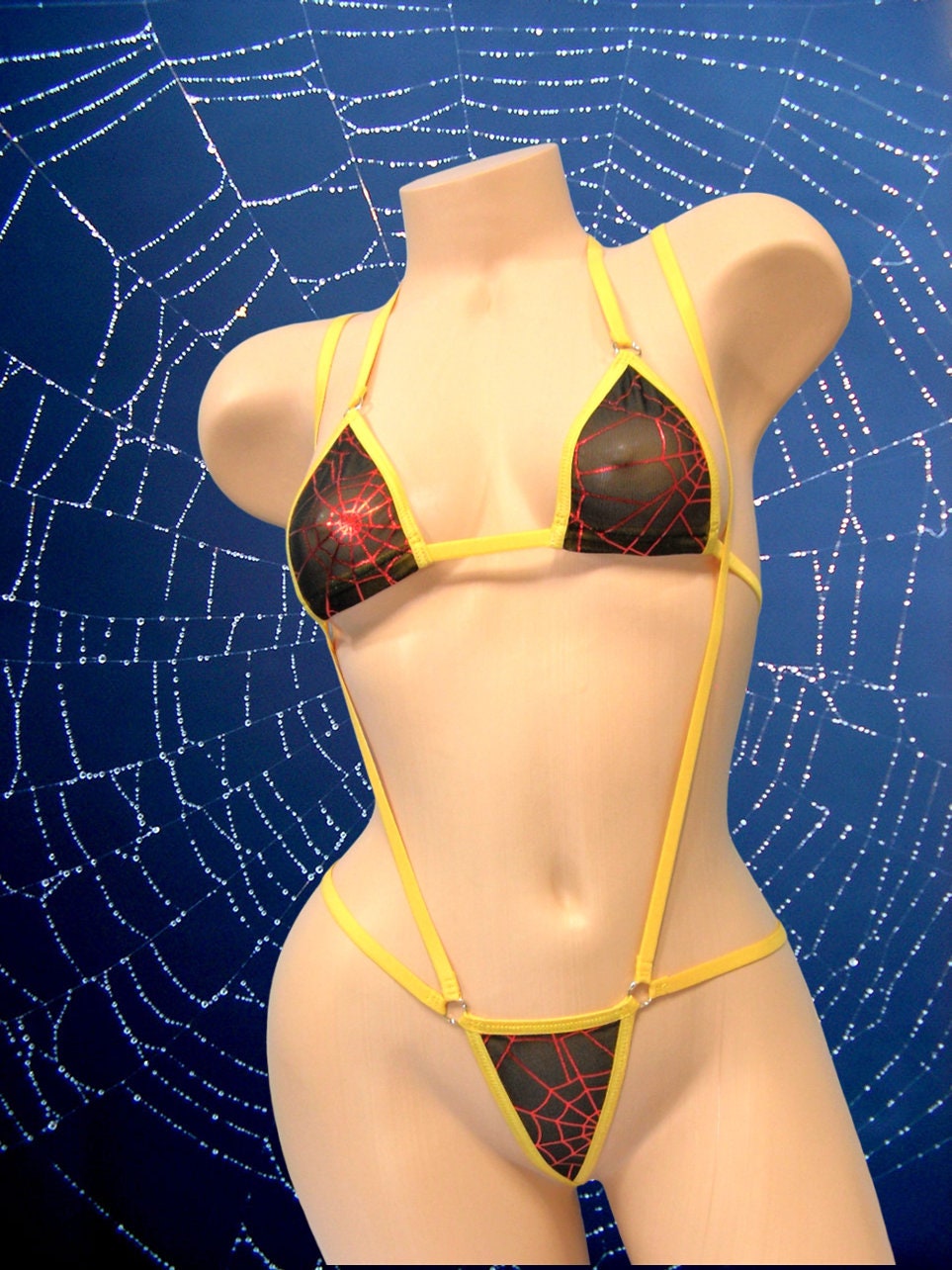 Micro G-string Slingshot Combo Bikini- Red Foil Spiderweb on Black MESH trimmed in Gold S/M