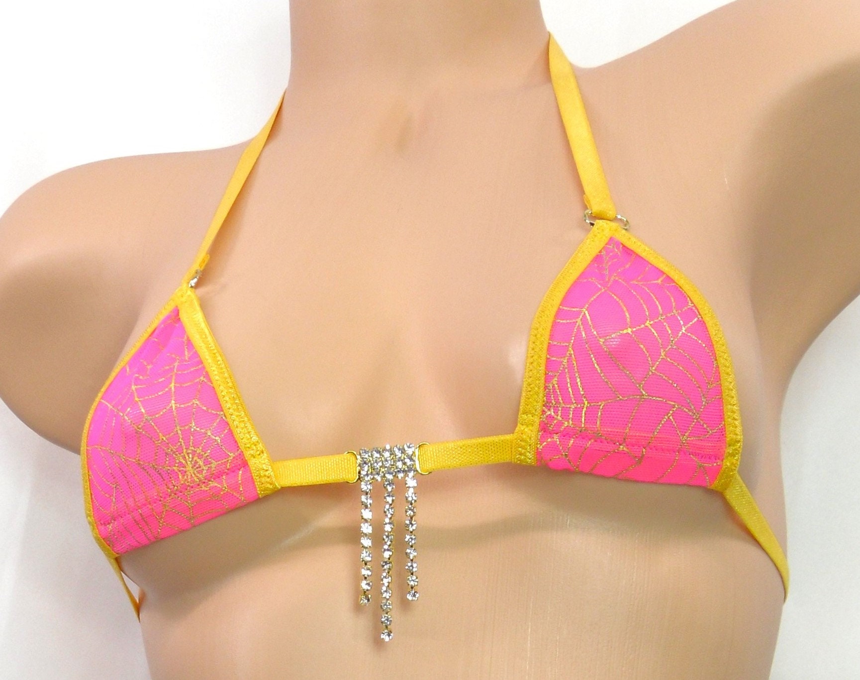 Mini Micro G-String Bikini-Hot Pink Mesh with Gold Spiderweb-Gold Trim-S/M - Image 2