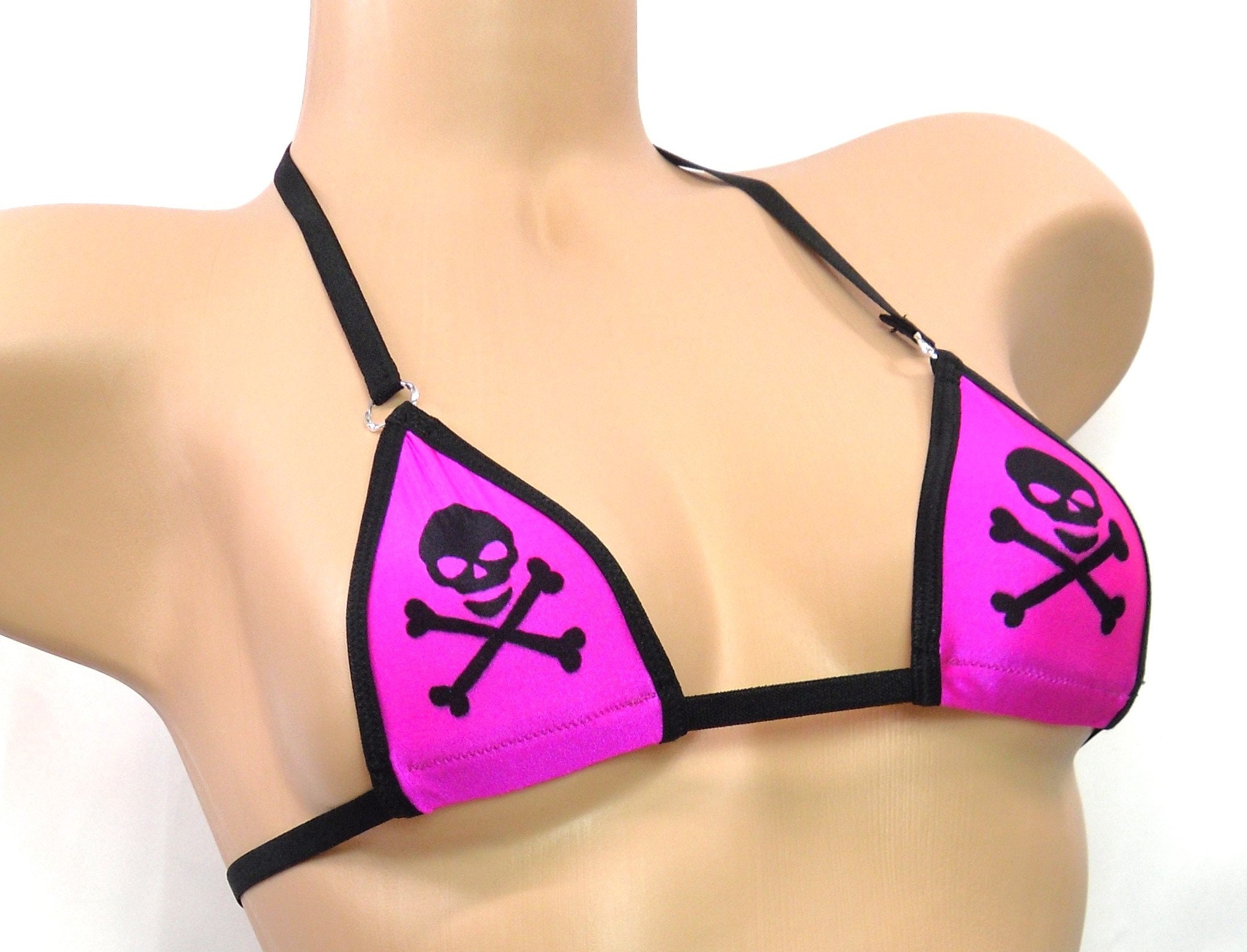 Mini Micro Bikini- G-String- Black Skull and Cross Bones on Fuchsia with Black Trim S/M - Image 2