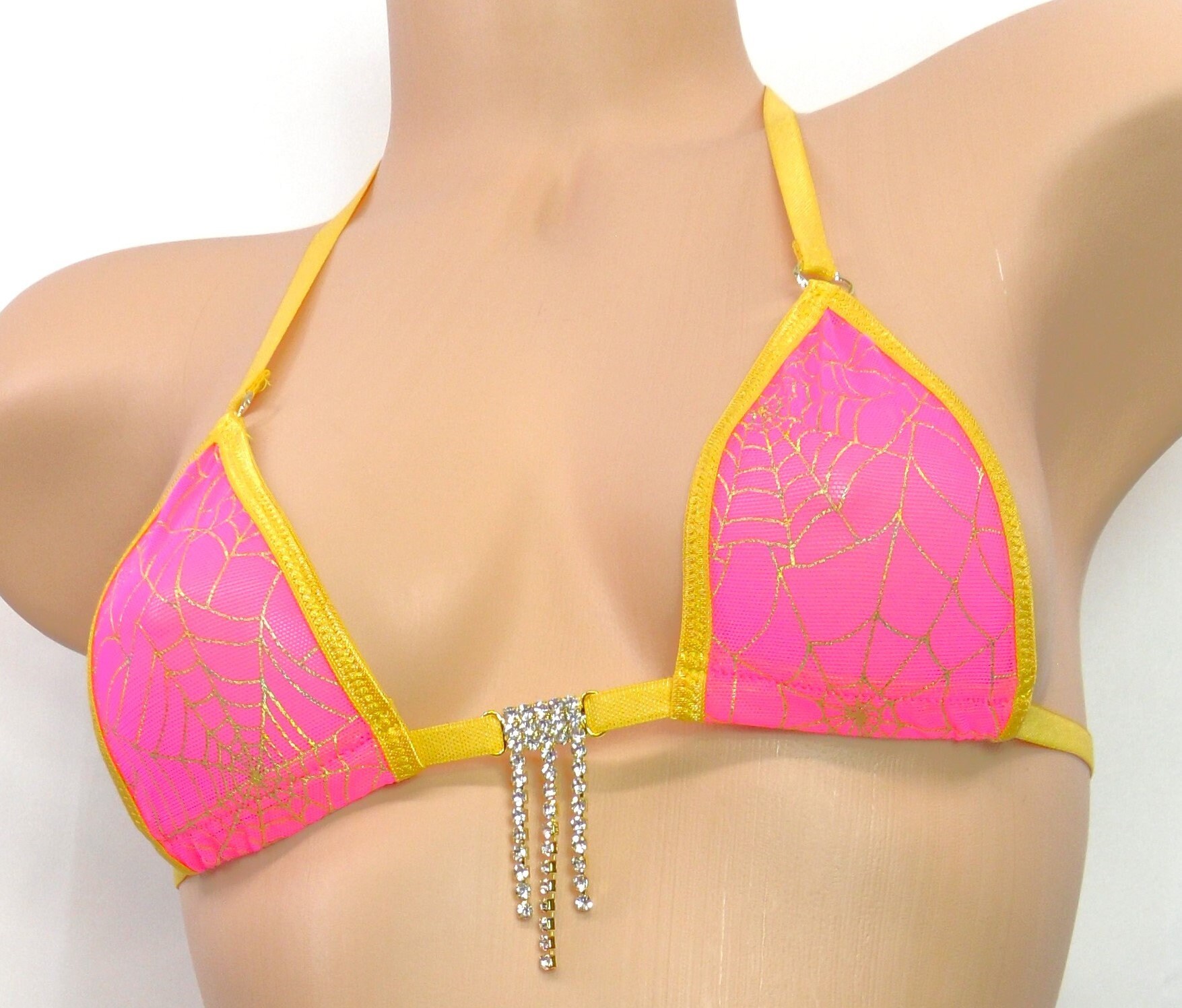 Micro G-String Bikini-Hot Pink Mesh with Gold Spiderweb-Gold Trim-S/M - Image 3