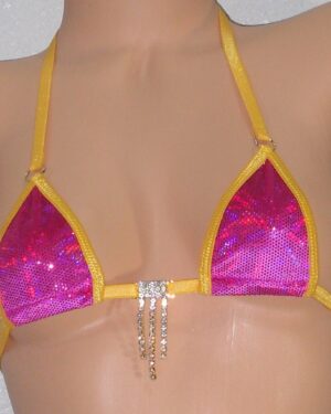 Mini Micro G-String Bikini- Fuchsia Holographic Velvet trimmed in Gold -S/M
