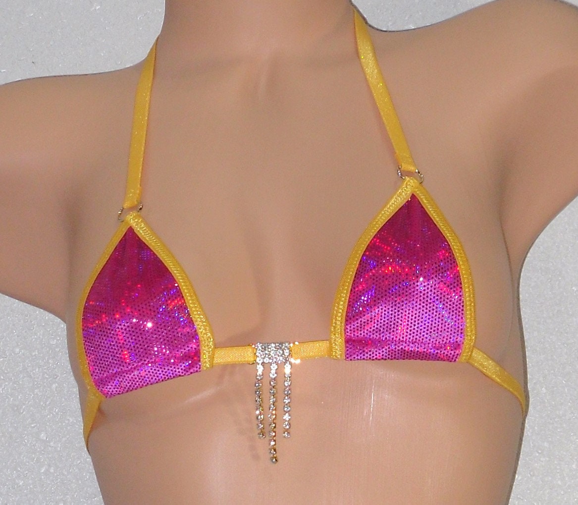 Mini Micro G-String Bikini- Fuchsia Holographic Velvet trimmed in Gold -S/M