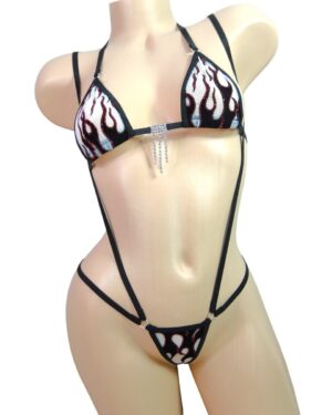 White Mesh with Black Velvet Flames and Red Glitter-Black Trim-Micro Slingshot/G-String ComboS/M