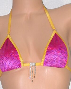 Micro G-String Bikini- Fuchsia Holographic Velvet trimmed in Gold -S/M