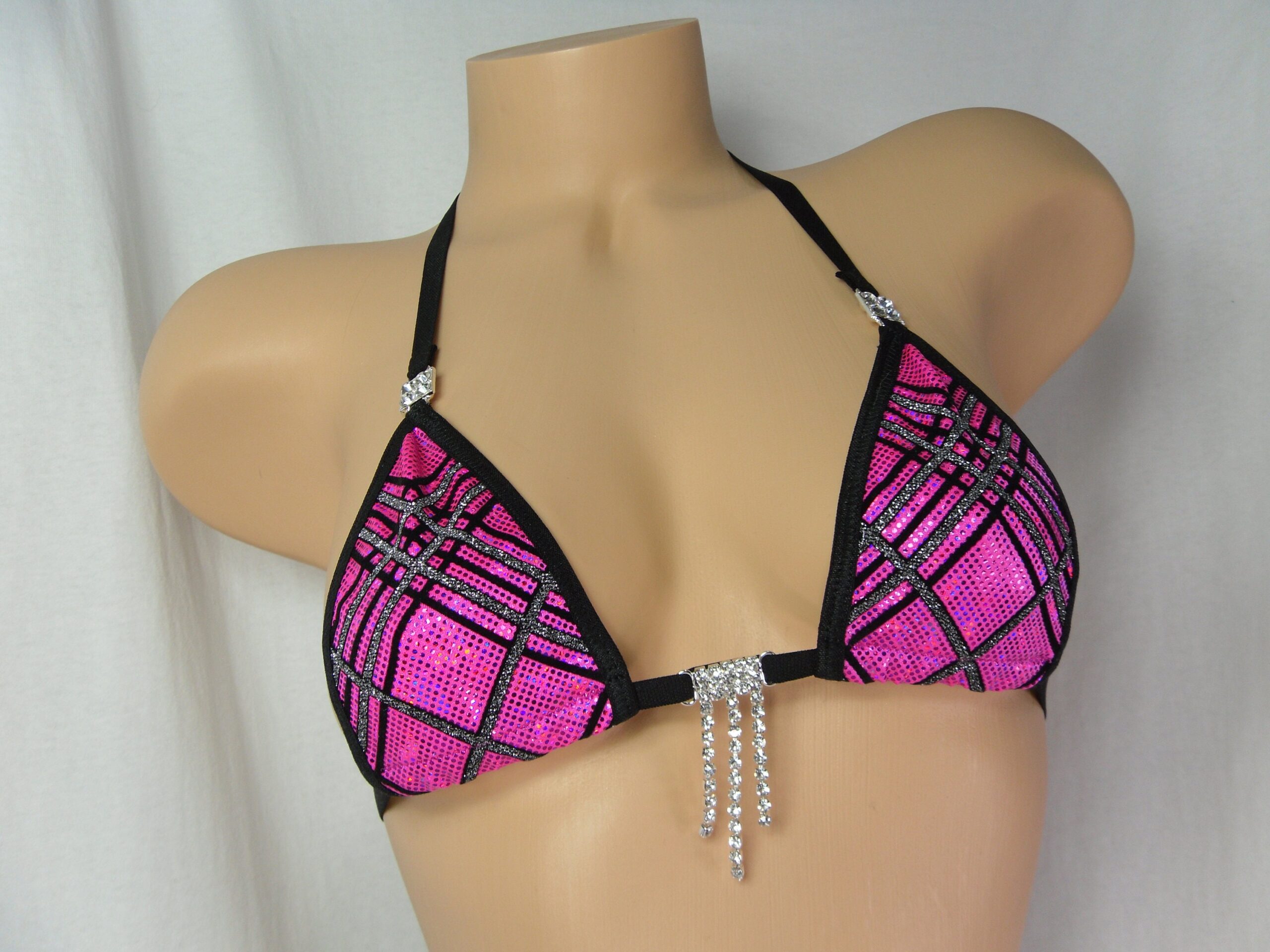 Micro G-String Bikini-Hot Pink Holographic Plaid with Velvet and Glitter-Black Trim w/RHINESTONES!- S/M - Image 2