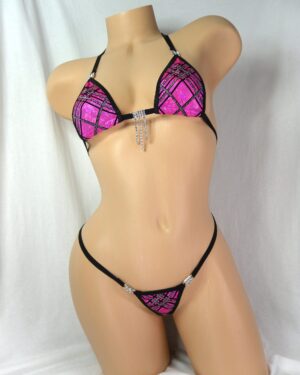 Micro G-String Bikini-Hot Pink Holographic Plaid with Velvet and Glitter-Black Trim w/RHINESTONES!- S/M
