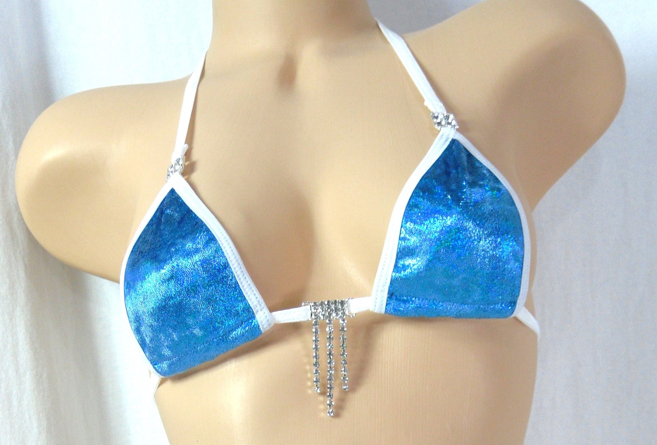 Micro Bikini with RHINESTONES! Blue Mystique Velvet with white trim S/M - Image 2