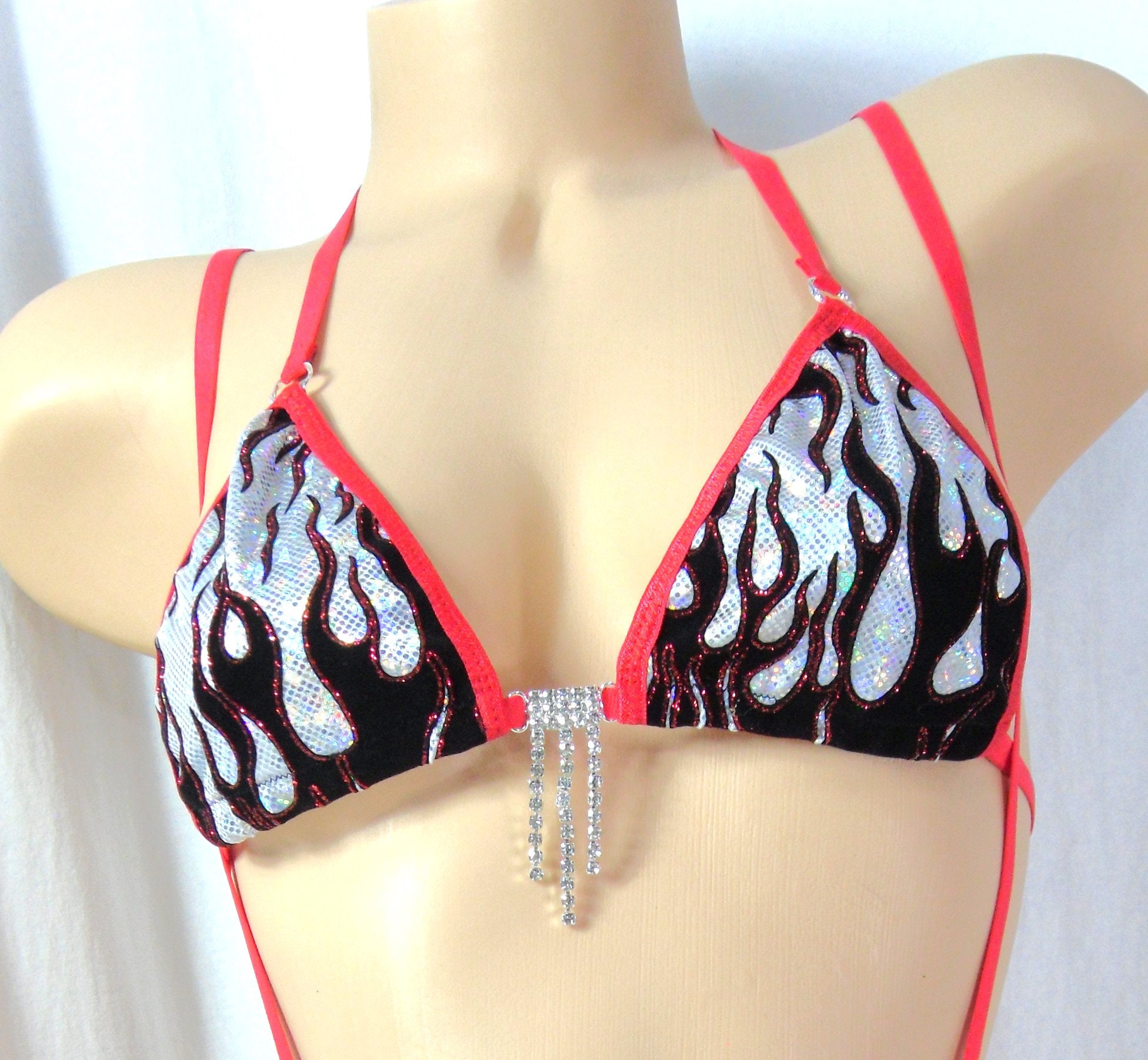 Princess G-String Slingshot Combo- White Holographic with Black Velvet Flames and Red Glitter-Red Trim-S/M - Image 2