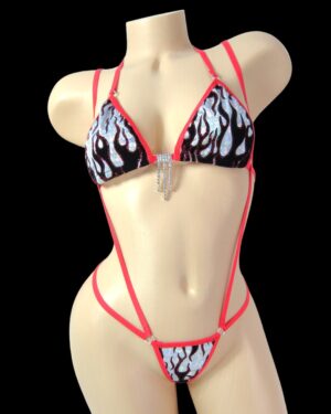 Princess G-String Slingshot Combo- White Holographic with Black Velvet Flames and Red Glitter-Red Trim-S/M