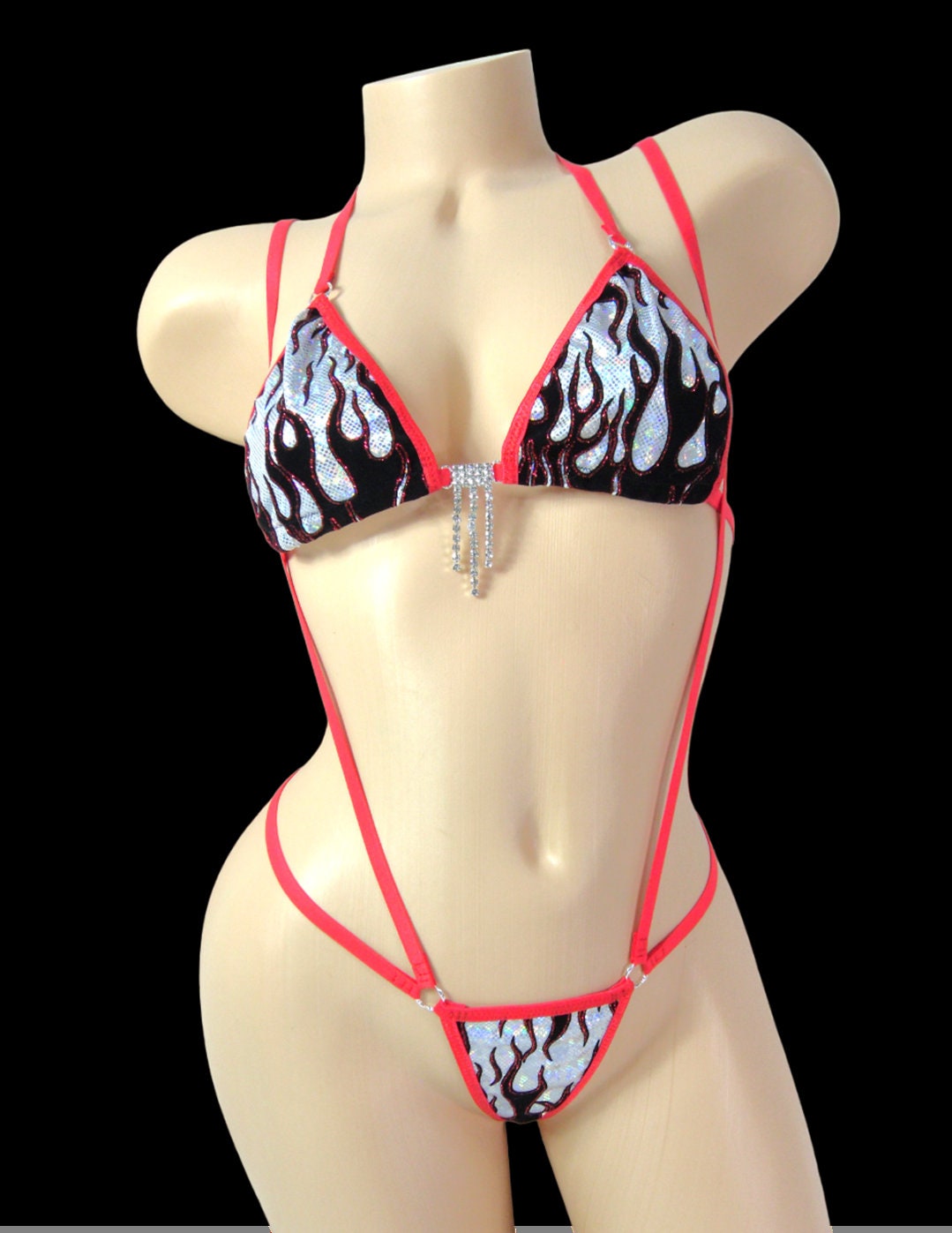 Princess G-String Slingshot Combo- White Holographic with Black Velvet Flames and Red Glitter-Red Trim-S/M